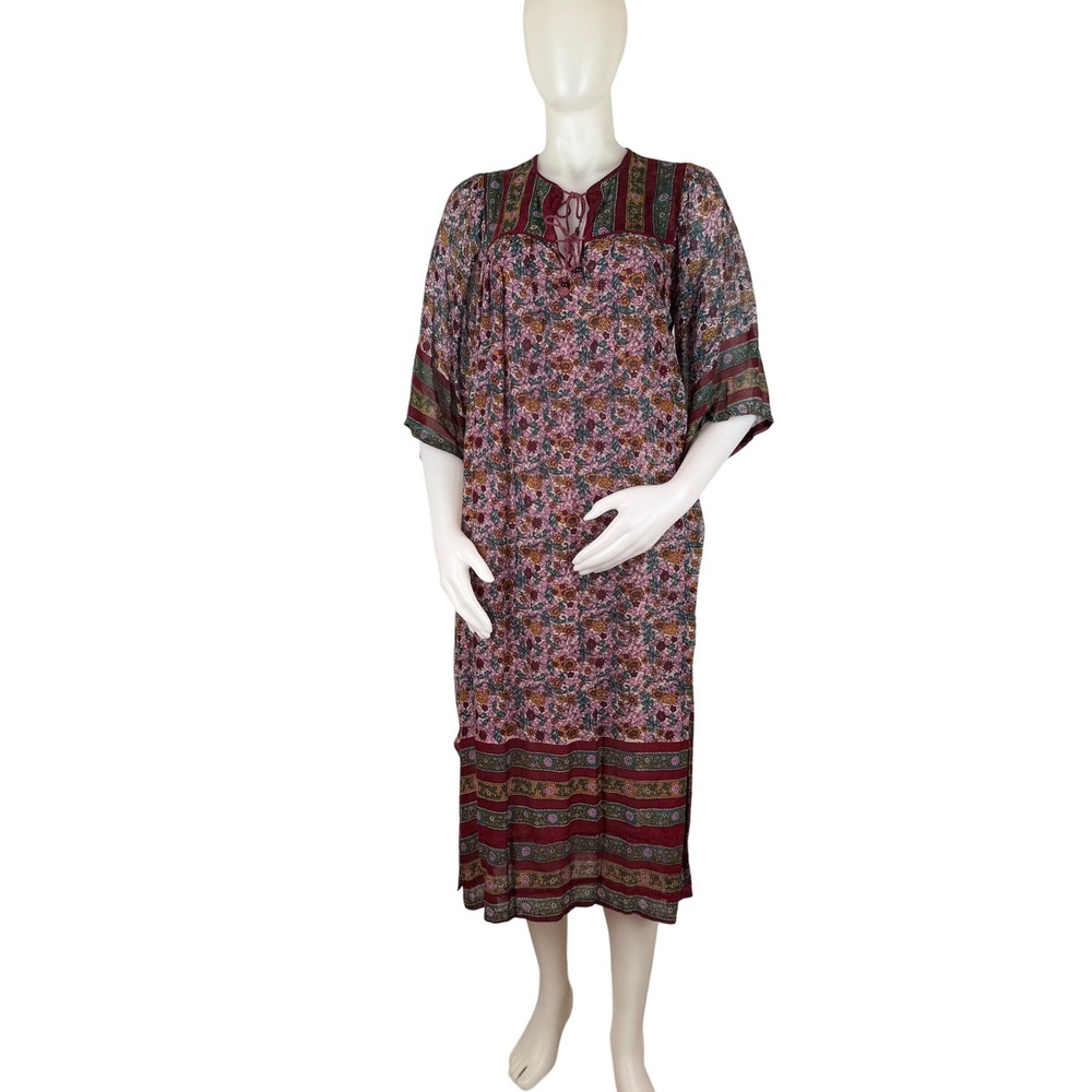 Vintage Indian Cotton Gauze Muumuu Caftan Floral Border Print Burgundy Small